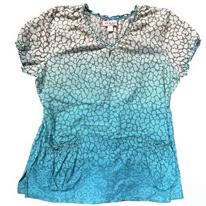 Koi by Kathy Peterson Brown Blue Ombre Scrub Top Size XL